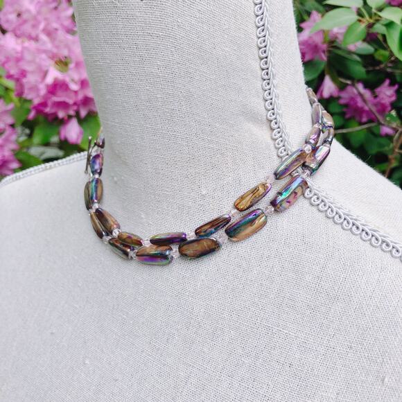 Y2K Iridescent Stick Pearl Necklace AB Resin Beads Long Layering Toggle Clasp - Picture 5 of 11